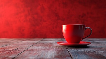 Elegant Red Teacup on Weathered Wooden Surface with Soft Warm Lighting