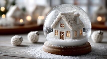 A snowy village house with white walls and golden-lit windows, in a snow globe. New Year's wish