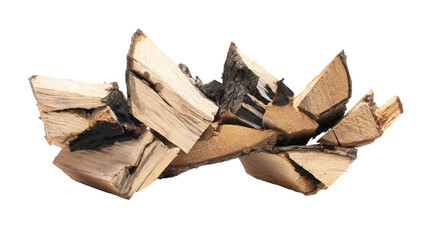 A horizontal pile of natural, chopped firewood with visible bark and grain, ideal for heating, presented on a vibrant transparent background. background removed