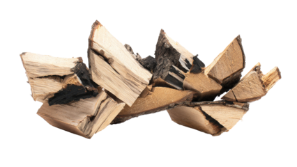 A horizontal pile of natural, chopped firewood with visible bark and grain, ideal for heating, presented on a vibrant transparent background. background removed