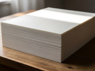 Neat stack of white paper sheets on wooden desk with gentle lighting