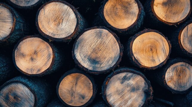 Stack of cut tree logs, showing end grain texture and dark background. - Powered by Adobe