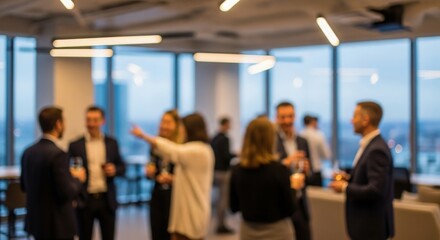 Fototapeta premium Defocused view of professionals networking at corporate celebration in modern office