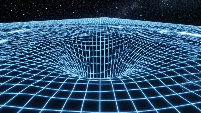 Sweeping aerial simulation over a vast dark grid plane stretching and contracting, visualizing spacetime and temporal gravity distortion concepts astronomy, warp, field