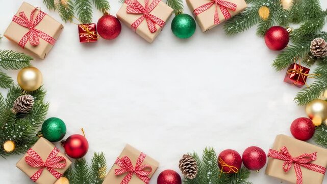 Christmas and new year decoration frame with festive gifts, pine branches, and ornaments. Holiday border for seasonal greeting design.