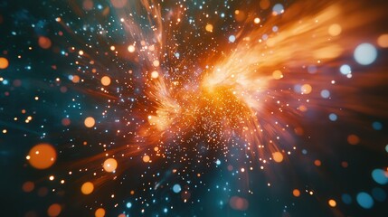 Vibrant cosmic explosion filled with colorful lights and swirling particles in a dark background.