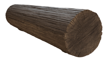 Detailed view of a textured, aged wooden log with dark brown tones, showcasing its rough surface and distinct tree rings. background removed