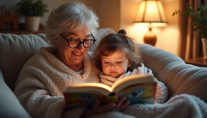 Older woman reading a book to young girl wrapped in blanket at home  