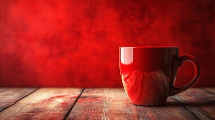 Minimal Red Coffee Mug on Rustic Wooden Table with Warm Red Background