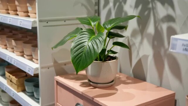 Indoor plant in a decorative pot on a pastel pink furniture piece surrounded by colorful pots