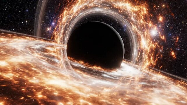 Sweeping cinematic deep space visualization of a colossal gravitational singularity generating accretion disks and immense gravitational lensing effects singularity, motion, abstract