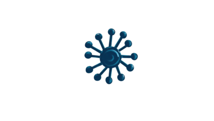Dark blue stylized virus or molecular structure with radiating arms and spherical tips, set against a solid dark transparent background. background removed