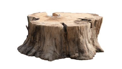 A weathered, rustic tree stump displaying prominent growth rings and natural texture, ideal for outdoor or natural design elements. background removed