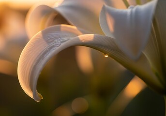 Subtle illumination on a pristine white lily petal with water droplets
