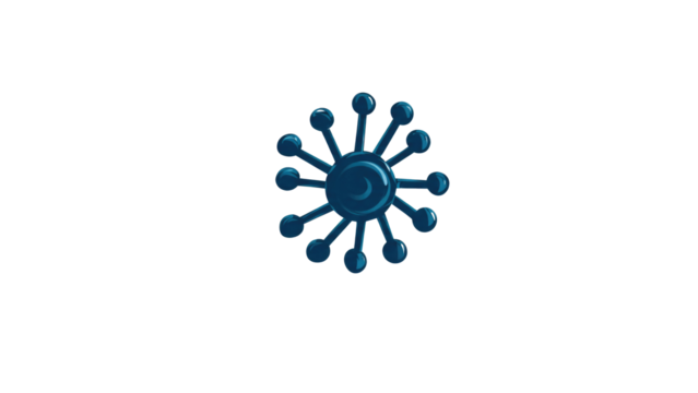 Dark blue stylized virus or molecular structure with radiating arms and spherical tips, set against a solid dark transparent background. background removed - Powered by Adobe