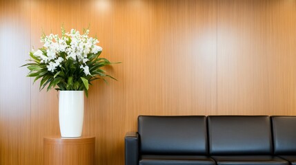 Elegant White Flowers in Vase by Black Leather Sofa Against Wood Wall.