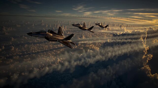 Three Fighter Jets Flying in Formation Above Clouds at Sunset, Military Air Force Action