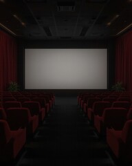 Empty Cinema Hall with Red Seats and Large Screen Ready for a Movie Premiere