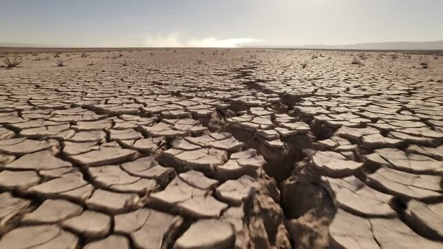 Sweeping drone shot over a massive expanse of severely cracked dry earth symbolizing ecological disarray and drought conditions geological formation, terrain, texture