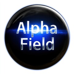 Glossy dark blue sphere with white glow and metallic text, stylized for tech or abstract concepts