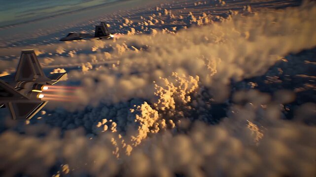 Three Fighter Jets Flying in Formation Above Clouds at Sunset, Military Air Force Action