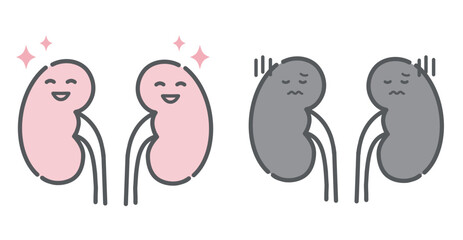 健康な腎臓と不調な腎臓の比較イラスト（キャラクター）