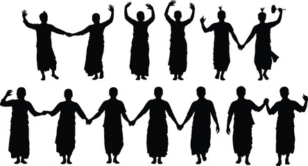 Dance, tradition, silhouette, posture, gesture, group, handhold, unity, rhythm, drum, attire, culture, heritage, celebration, movement, rural, vector, black, pose, setup, flavector