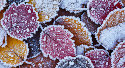 Beautiful autumn leaves of trees on the snow in winter frosts.