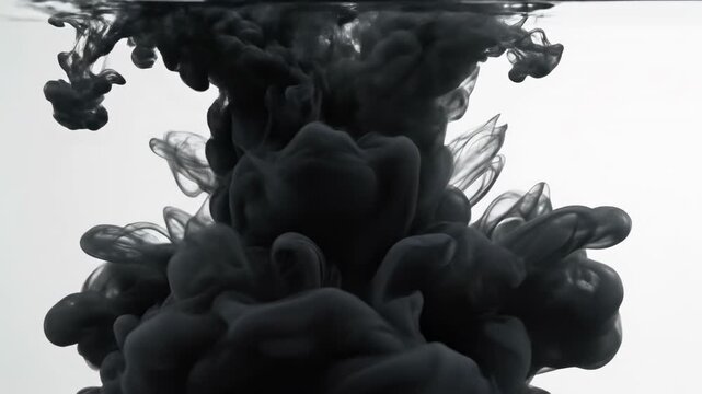 Thick billows of grey and black ink swirling and coiling in slow motion through clear liquid creating complex, evolving, and illusory organic shapes swirling, diffusion, backdrop
