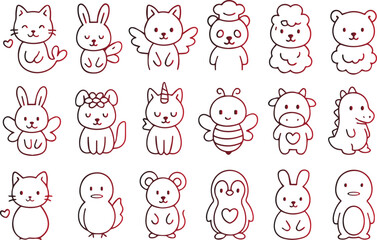 Obraz premium Cute cartoon outline animals and fantasy creatures set for kids. hand-drawn doodle style collection featuring various adorable characters, perfect for design projects.