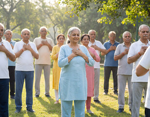 Group of senior Indian people taking deep breath together at morning