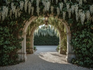 Fototapeta premium Enchanting floral archway with cascading white flowers and vintage lanterns leading to a serene