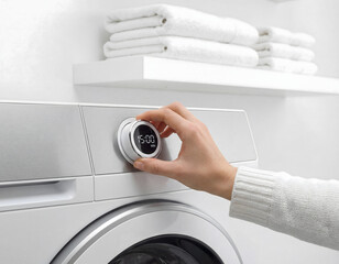 Closeup of woman's hand turning knob on smart washing machine