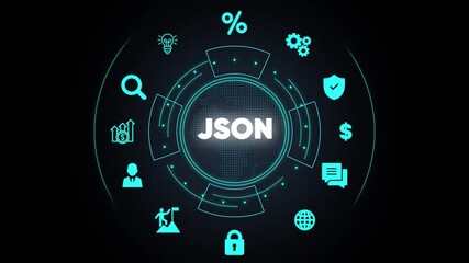 JSON Java Script Object Notation digital interface with global network and business icons JSON JavaScript Object Notation - Powered by Adobe
