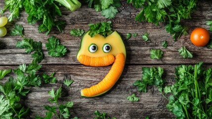 Funny vegetable cat face on rustic wooden table