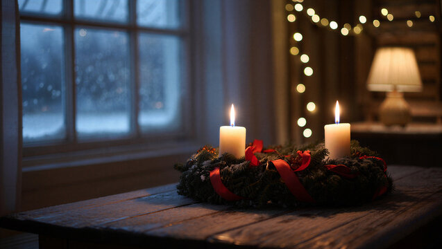 Two lit candles on an advent wreath sit on a wooden table next to a window with snowy trees outside and fairy lights in the background Second Day of Advent - Powered by Adobe