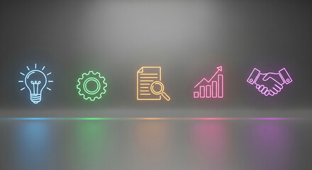 A set of glowing line icons floating horizontally over a neutral background, business workflow concept, clean minimal style