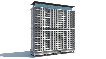 Modern High Rise Apartment Building Architectural Design Rendering Against White Background