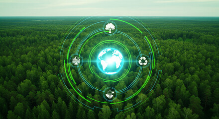 Aerial forest view with a circular digital interface overlay. In the center, a glowing Earth icon, surrounded by eco-themed symbols,Circular Eco Digital Interface Over Forest