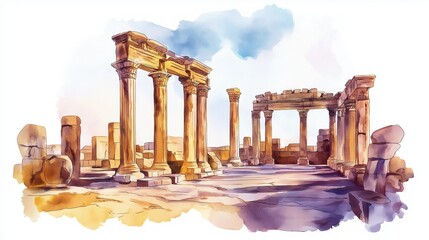 Roman ruins of Timgad. Roman ruins of Timgad hand drawn watercolor illustration on white background