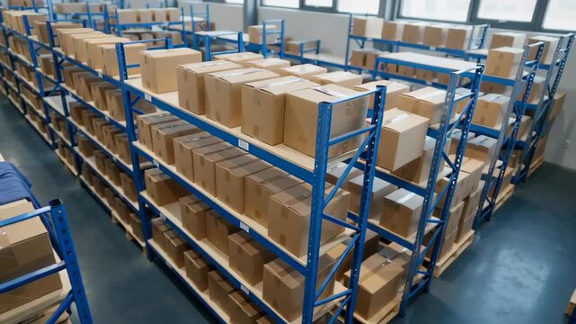 Organized warehouse with blue metal shelving units filled with neatly stacked cardboard boxes