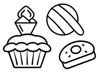 Simple outline drawings of a cupcake donut and lollipop