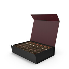 Opened black luxury gift box of gourmet chocolates on transparent background, PNG