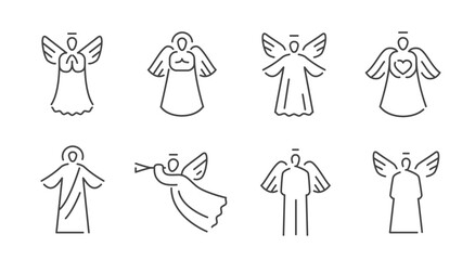 Collection of angels with wings line icons. Religion concept. Soul, faith outline symbols or signs