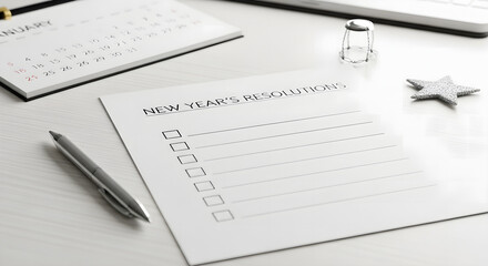New Year's Resolutions Checklist with Coffee Mug and Pen on Desk