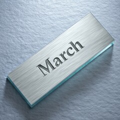 A metallic rectangular sign with "March" engraved. The background has a textured, silvery surface