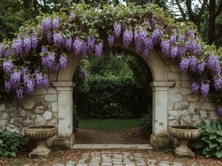 Enchanting Stone Archway Overgrown With Cascading Purple Wisteria Blooms and Garden Urns