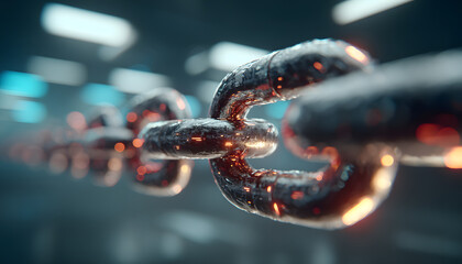 Abstract transparent chain symbolizing blockchain connection and digital trust concept in futuristic office environment representing secure business networks and technology collaboration