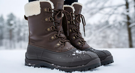 Close-up of a pair of rugged brown winter boots featuring cozy white fur lining, perfectly suited for frosty weather and snowy adventures in a serene outdoor setting