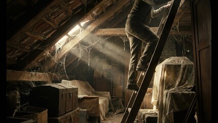 Person Ascending Ladder in Dusty Attic Filled with Old Belongings and Sunbeams.